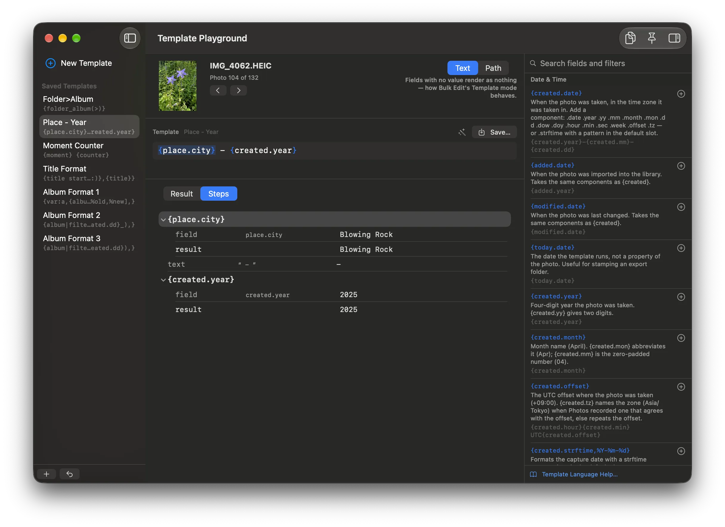 Template Playground showing saved templates, the Steps view for a city-and-year template, and the field reference