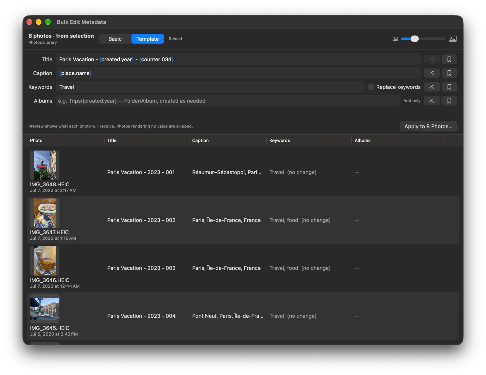 Bulk Metadata Editor previewing template-generated titles, captions, and keywords for eight photos