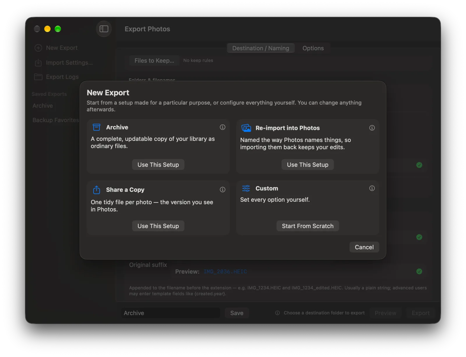 New Export window offering Archive, Re-import into Photos, Share a Copy, and Custom quick setups