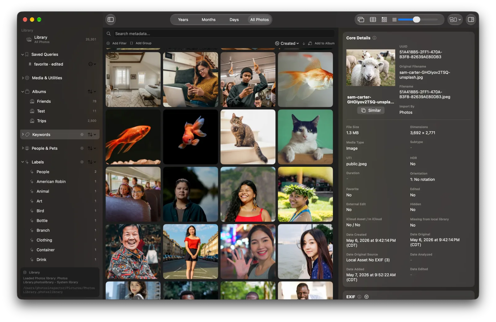 Zouti Photos showing albums and saved queries, a photo grid, and a detailed metadata inspector