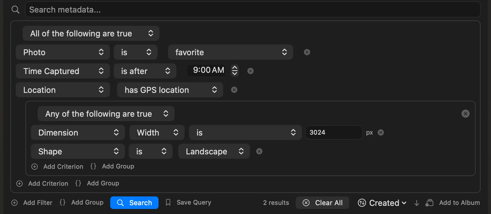 Zouti Photos query builder with an OR group, filtering favorite photos by capture time, GPS location, and image dimensions